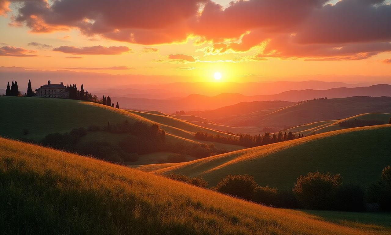 Alba sulle colline toscane con vista sulla tenuta.